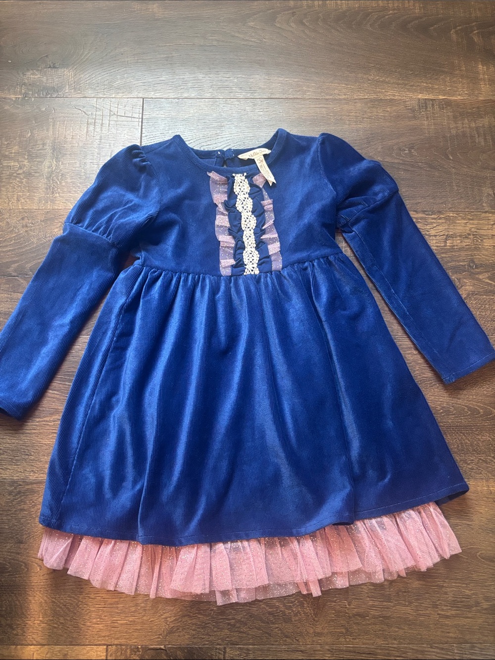 Matilda Jane Girls Navy Blue Velvet Dress with Pink Tulle Trim